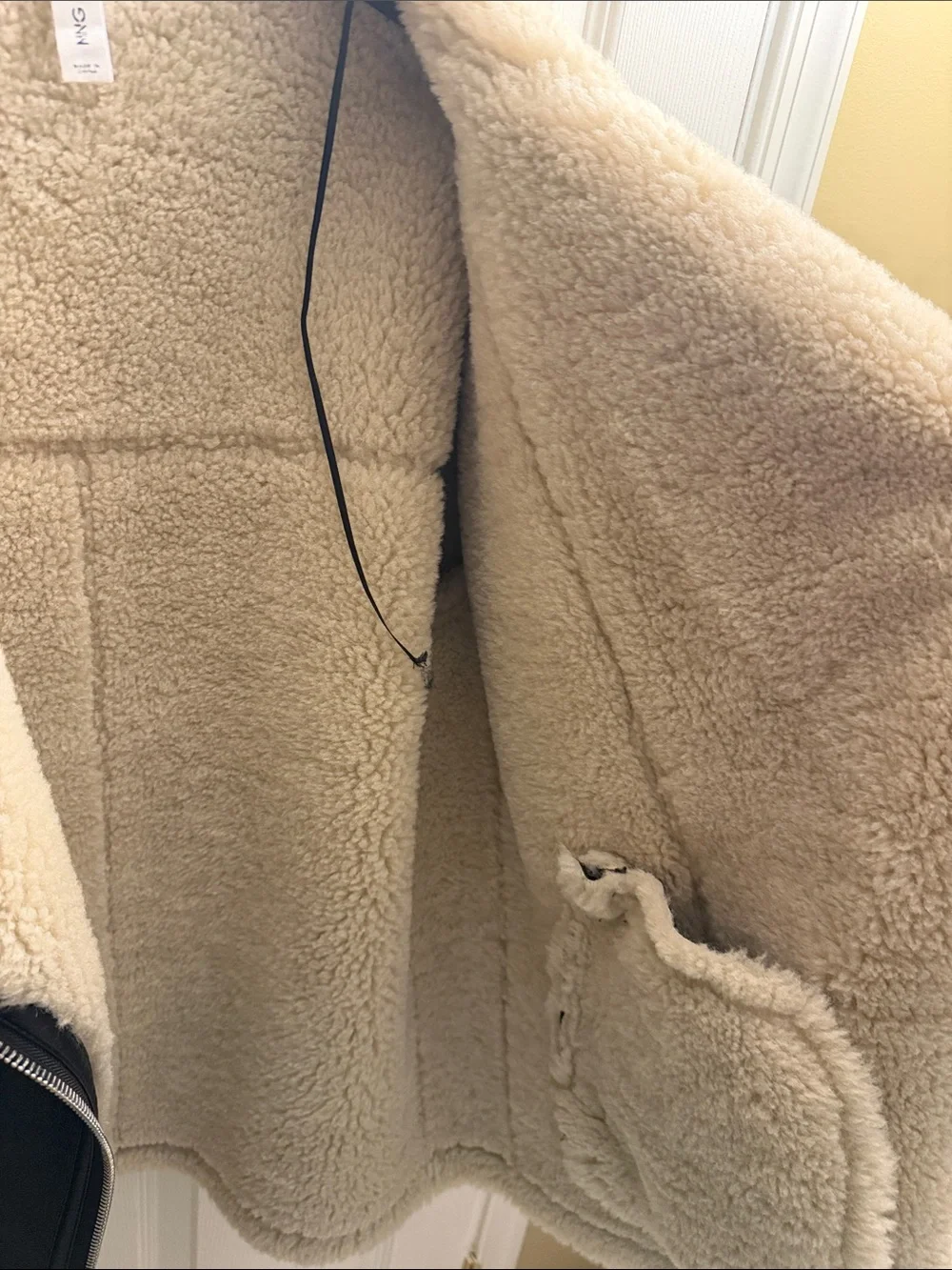 Mango Black Faux Leather Jacket with Cream Sherpa Lining